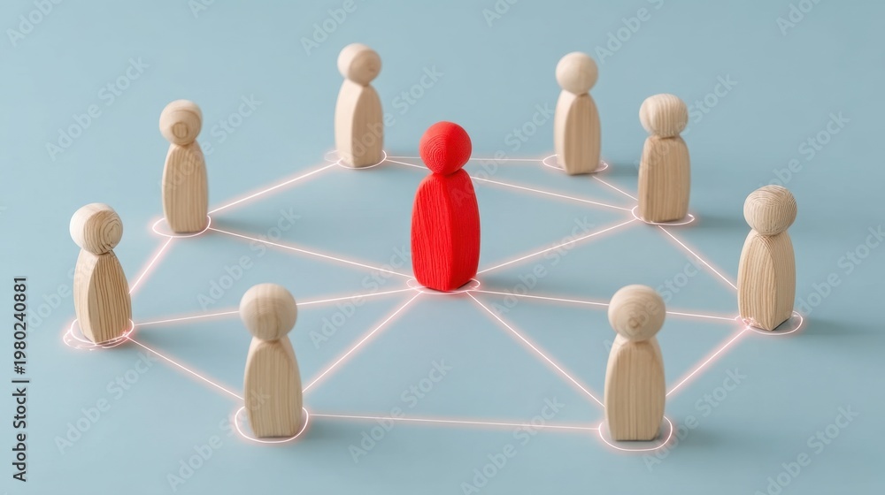 Fototapeta premium Wooden Figures Representing Network Connections in Social Interaction Conceptual Illustration
