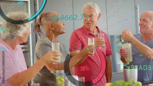 Four seniors toasting, tasting smoothies for health with AR HUD showing percent and dollar overlay