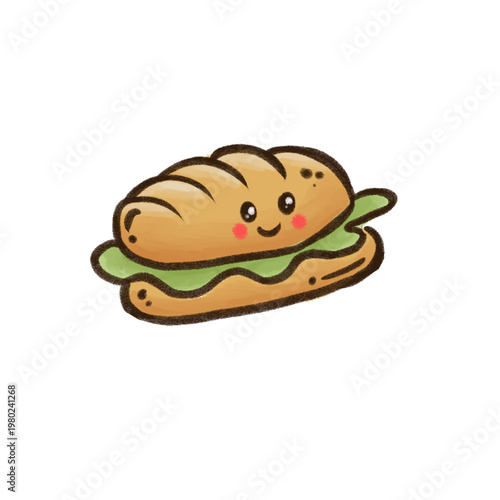 Adorable hand-drawn kawaii sandwich illustration featuring a smiling face with rosy cheeks. Cute cartoon food character with soft pastel tones. Isolated on a clean background.
