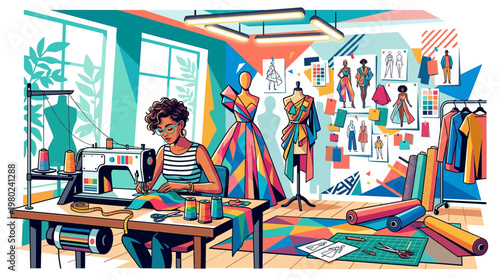 Woman working at sewing machine desk.