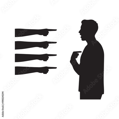 Silhouette of Man Being Accused and Pointed at by Multiple Fingers for Blame Concept Illustration
