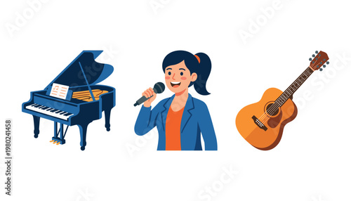 Woman Singing with Piano Guitar.