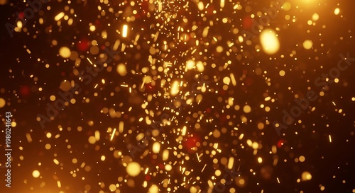 A festive background with golden glowing particles resembling confetti or celebratory sparks floating in the air.