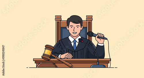 Judge speaks during a court session while holding a microphone and sitting at a large desk with a gavel and legal items nearby