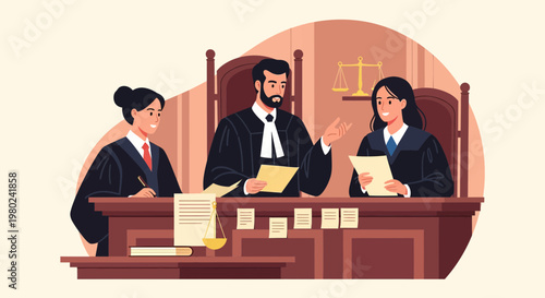 Judges and lawyers in a courtroom discussing legal documents during a trial session