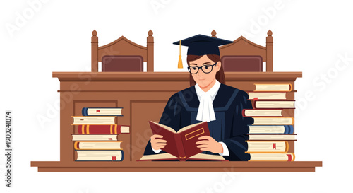 Law student studies in a library wearing a graduation cap while seated at a desk with books around