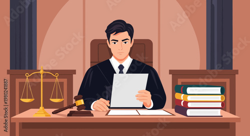 Judge reading legal documents in courtroom with books and gavel on desk during court session