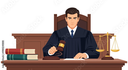 Judge sits at desk with gavel in hand while preparing to make a decision in a courtroom setting during a judicial session