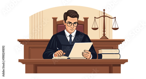 Judge writing notes in court while seated at desk with books in front and scales of justice in background