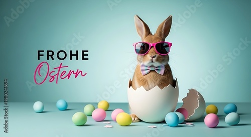 A playful Easter-themed studio composition featuring a realistic brown rabbit sitting inside a cracked eggshell, centered in the frame.