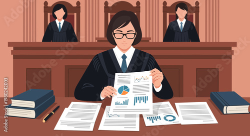 Judge reviewing case documents in courtroom setting during a trial session with two judges in the background