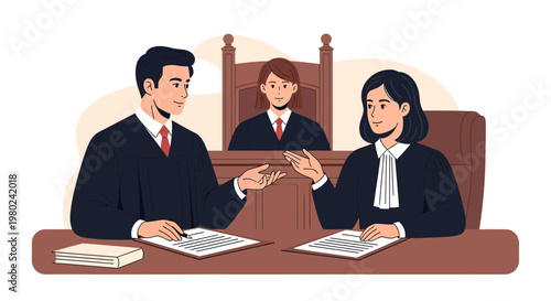 Lawyers and judge discussing a case in a courtroom setting during a trial in a judicial environment