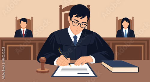 Judge writes court decision while two lawyers observe during a hearing inside a courtroom in the afternoon