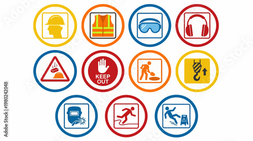 Set of Various Construction and Industrial Workplace Safety Warning Signs. EPS Editable. Vector Illustrations.