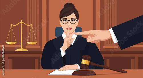 Judge signals for silence in courtroom during a legal proceeding in a modern setting showing authority and focus