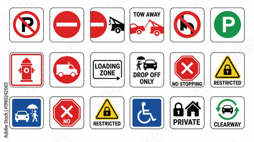 Set of various traffic parking and regulatory road sign icons. EPS Editable. Vector Illustrations.