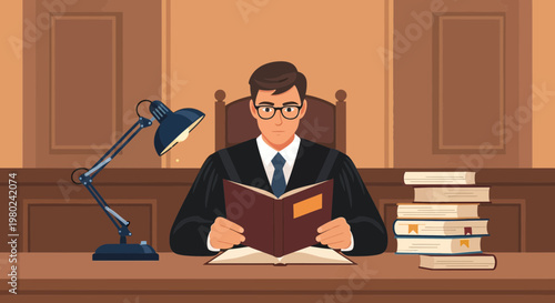 Judge reads law book in court during the day while seated at desk with lamp and books