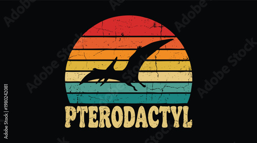 Pterodactyl Silhouette on Vintage Striped Sunset Background.
