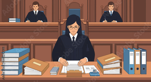 Judges sitting at a court bench reviewing legal documents during a courtroom session early in the day
