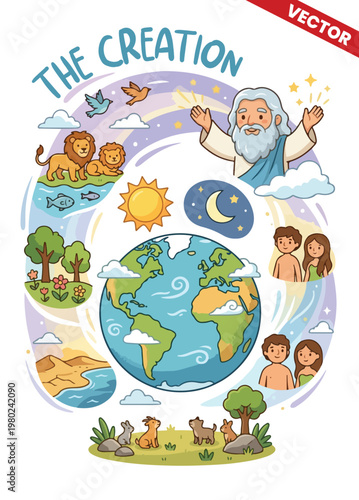 God The Creator and The World Biblical Creation Vector Illustration, Creation of Earth Animals and Nature, Religious Narrative for Children and Sunday School