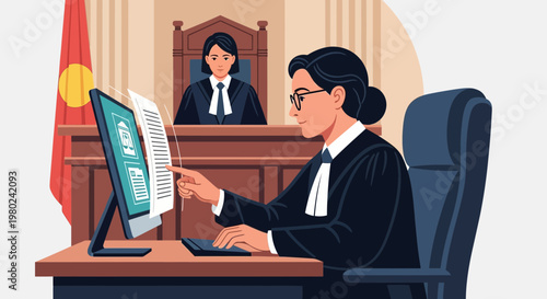 Court session with a lawyer reviewing documents on a computer while a judge observes from the bench