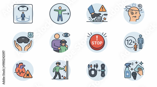 Set of Virtual Reality Safety and Health Warning Icons. EPS Editable. Vector Illustrations.