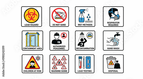 Set of twelve safety and hazard warning signs for lead abatement and construction sites. EPS Editable. Vector Illustrations.
