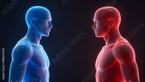 Two Neon Human Figures Facing Each Other in Futuristic Contrast Concept