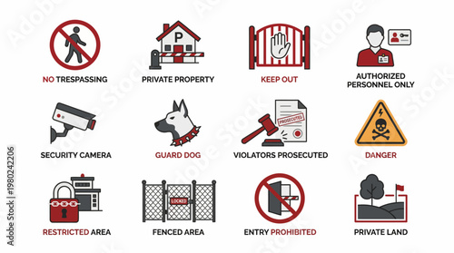 Collection of Security and Warning Signs Including No Trespassing Private Property and Restricted Area Icons. EPS Editable. Vector Illustrations.