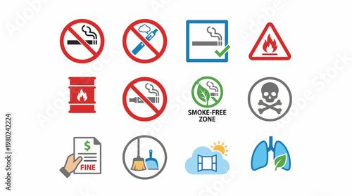Collection of smoking prohibition and environmental health safety icons. EPS Editable. Vector Illustrations.