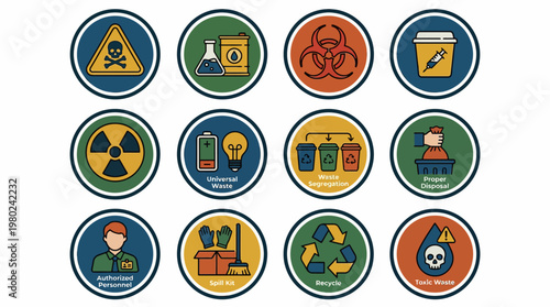 Collection of various hazard warning and waste management round icons. EPS Editable. Vector Illustrations.