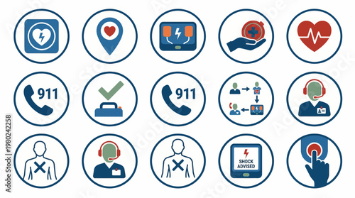 Emergency Medical and AED Icon Set for First Aid Training. EPS Editable. Vector Illustrations.