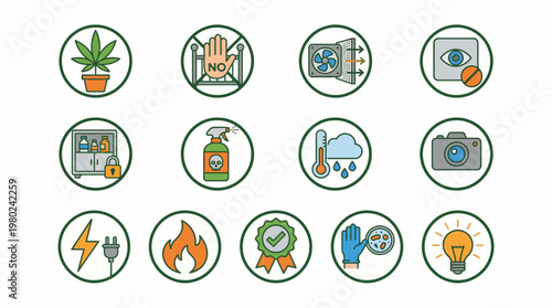 Collection of various security safety and environmental flat line icons in circles. EPS Editable. Vector Illustrations.