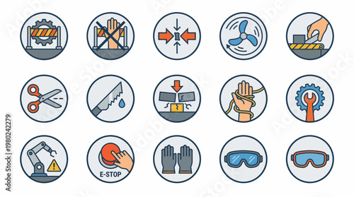 Industrial safety and workplace hazard warning icons set. EPS Editable. Vector Illustrations.