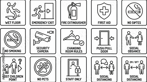 Set of 15 essential safety and information sign icons. EPS Editable. Vector Illustrations.
