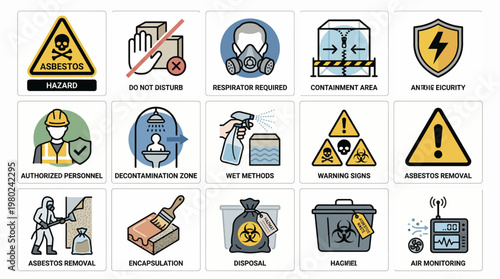 Professional Asbestos Removal and Hazardous Material Safety Icons and Symbols Set. EPS Editable. Vector Illustrations.