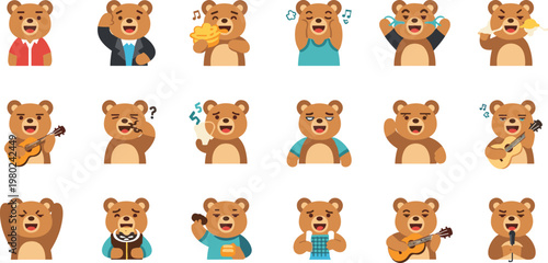 Cute Bear Emotions and Music Activities Cartoon Set with Funny Expressions Singing Playing Guitar and Daily Lifestyle Vector Collection