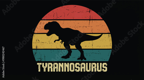 Tyrannosaurus Rex Silhouette on Distressed Retro Striped Sunset.