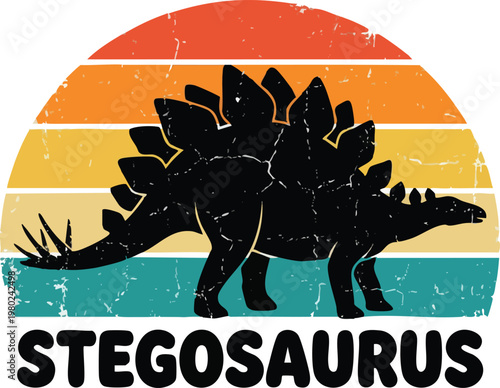 Vintage Stegosaurus Silhouette on Distressed Retro Sunset Graphic.
