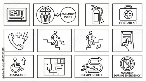 Set of Emergency and Safety Sign Icons for Public Buildings and Workplaces. EPS Editable. Vector Illustrations.