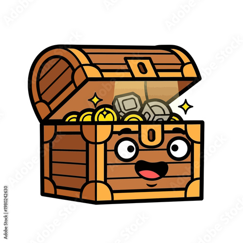 Cute Cartoon Treasure Chest with Gold Coins and Gems.