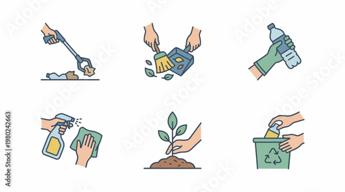 Set of environmental care and community cleanup activities icons. EPS Editable. Vector Illustrations.