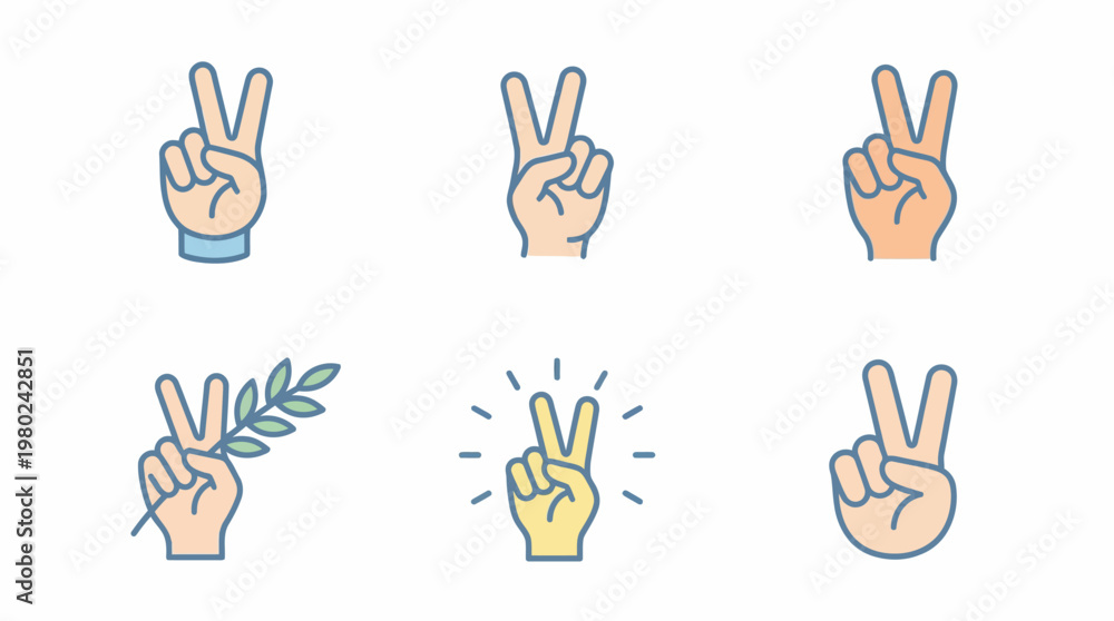 Fototapeta premium Set of Hand Gestures Showing Victory or Peace Signs. EPS Editable. Vector Illustrations.