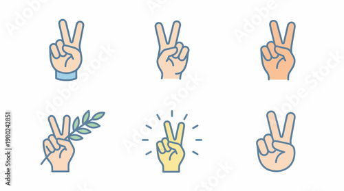 Set of Hand Gestures Showing Victory or Peace Signs. EPS Editable. Vector Illustrations.