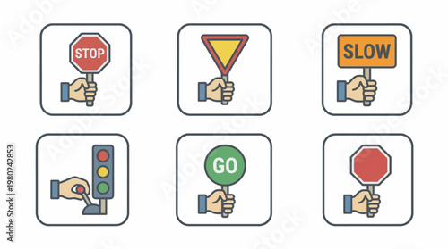 Set of hand holding traffic signs and signals icons. EPS Editable. Vector Illustrations.