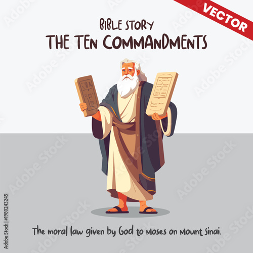 Moses Carrying The Ten Commandments Tablets in Orange and Blue Robe, Biblical Prophet on Mount Sinai with Law of God Illustration, Christian Religious Vector Graphic for Ministry Education