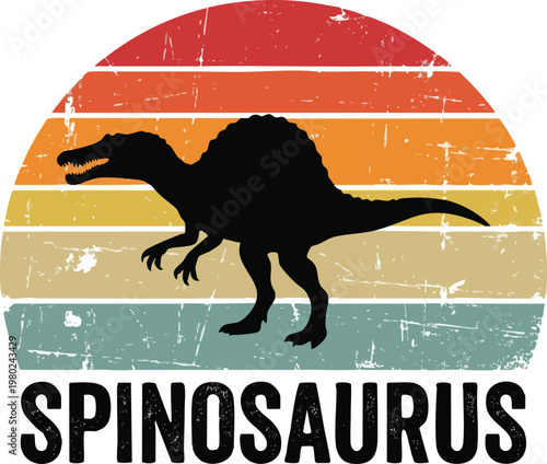 Spinosaurus Dinosaur Silhouette on a Vintage Striped Sunset.