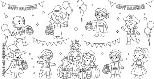 Halloween Kids Party Coloring Page with Costumes Pumpkin Lantern Trick or Treat Characters Balloons and Festive Outline Vector Illustration