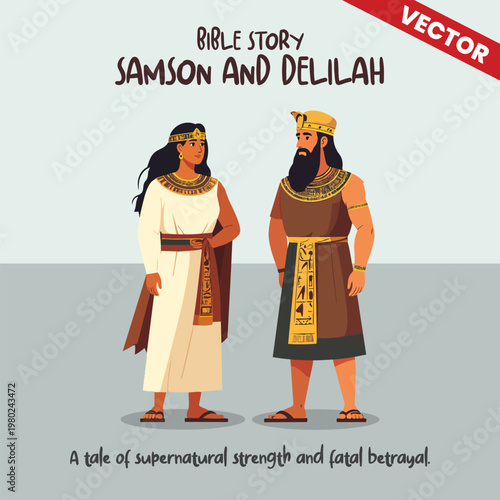 Biblical Story Samson and Delilah Character Illustration Vector Ancient Hebrew Hero and Philistine Woman in Traditional Clothes Religious Education Concept Art for Kids and Adults