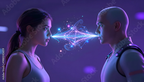 Two Futuristic Humanoid Figures Connected by Glowing Energy Stream